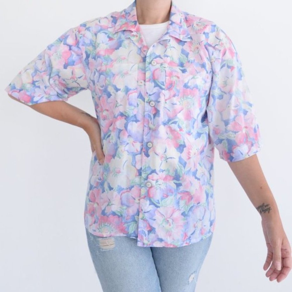 Vintage Rouie Multi Colour Floral Button Down  Short Sleeve Blouse